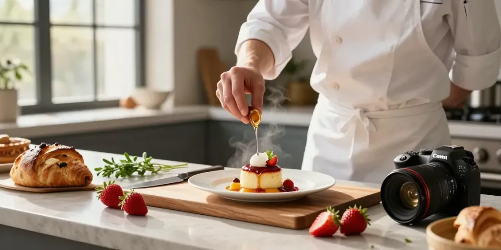 Chef drizzling Maplelixir on gourmet dessert in a sunny kitchen.