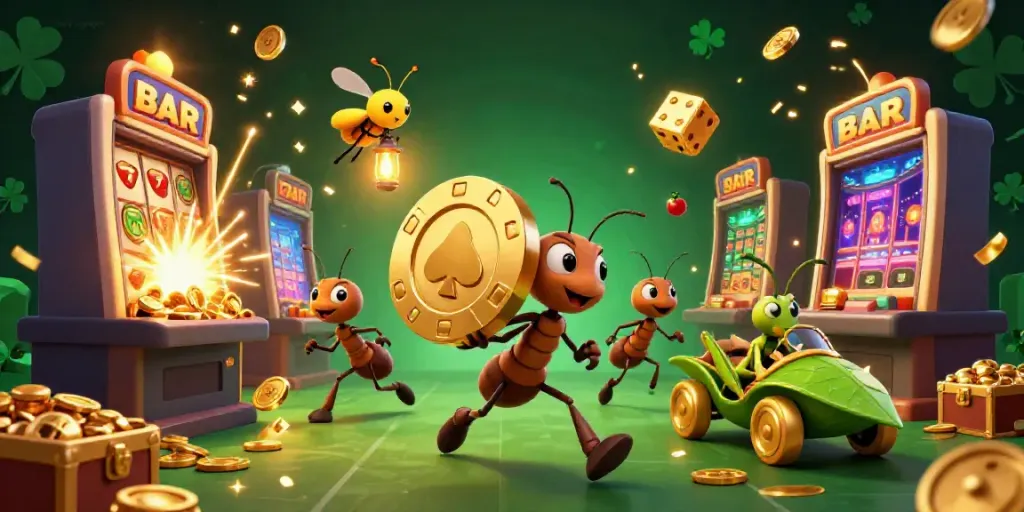 Experience the excitement of slot gacor with playful ants and a vibrant casino-themed heist.