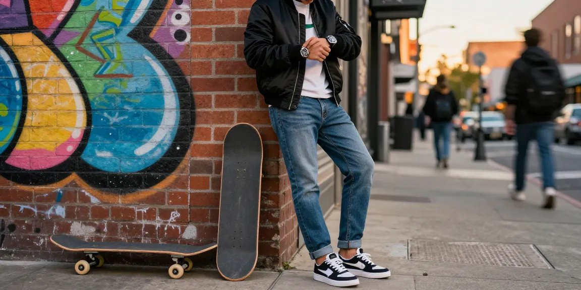 Stylish individual wearing luxury clone watches in an urban street setting, showcasing trendy fashion against vibrant graffiti.