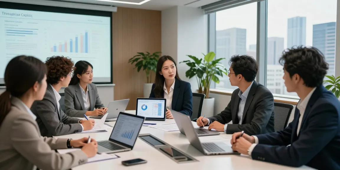 Strategic meeting showcasing Third Eye Capital insights with professionals discussing financial projections in a modern office setting.