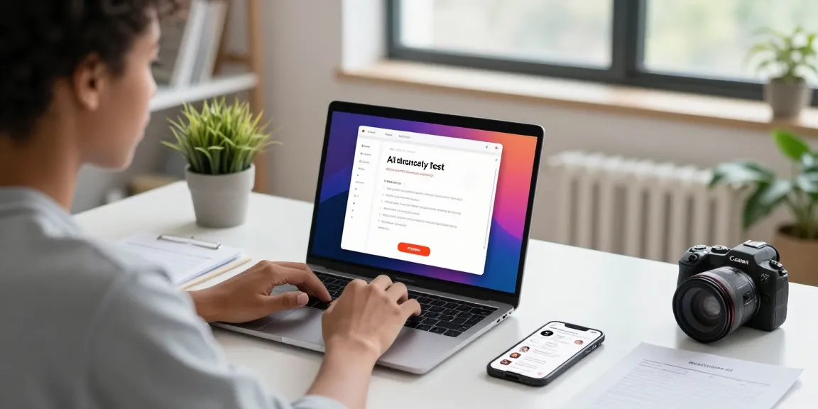 Engaging scene of a user taking an attractive test using AI technology at a modern workspace.