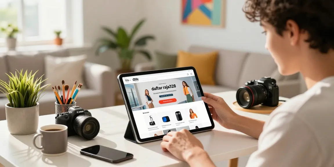 Engaged shopper exploring daftar raja328 online registration in a stylish home.