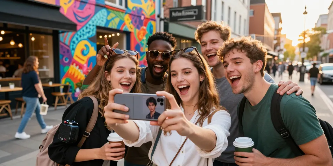 Group of friends excitedly discovering celebs I look like using a selfie app in an urban setting.