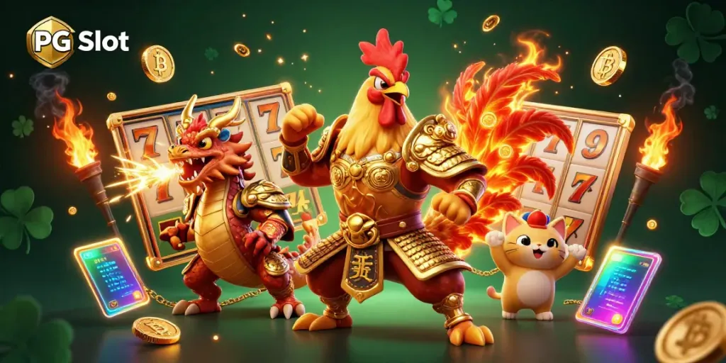 Engage with PG Slot in a vibrant 3D scene, showcasing slot reels alongside a golden rooster and dragon, embodying excitement and luck.