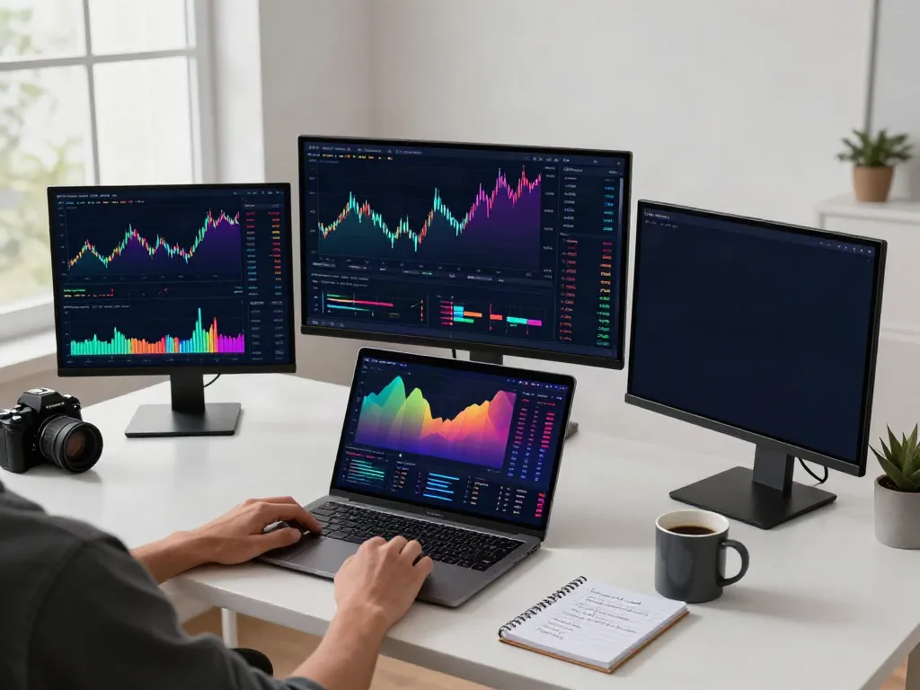 Forex historical data API showcased in a professional trading desk with monitors, bitcoin charts, and a digital wallet.