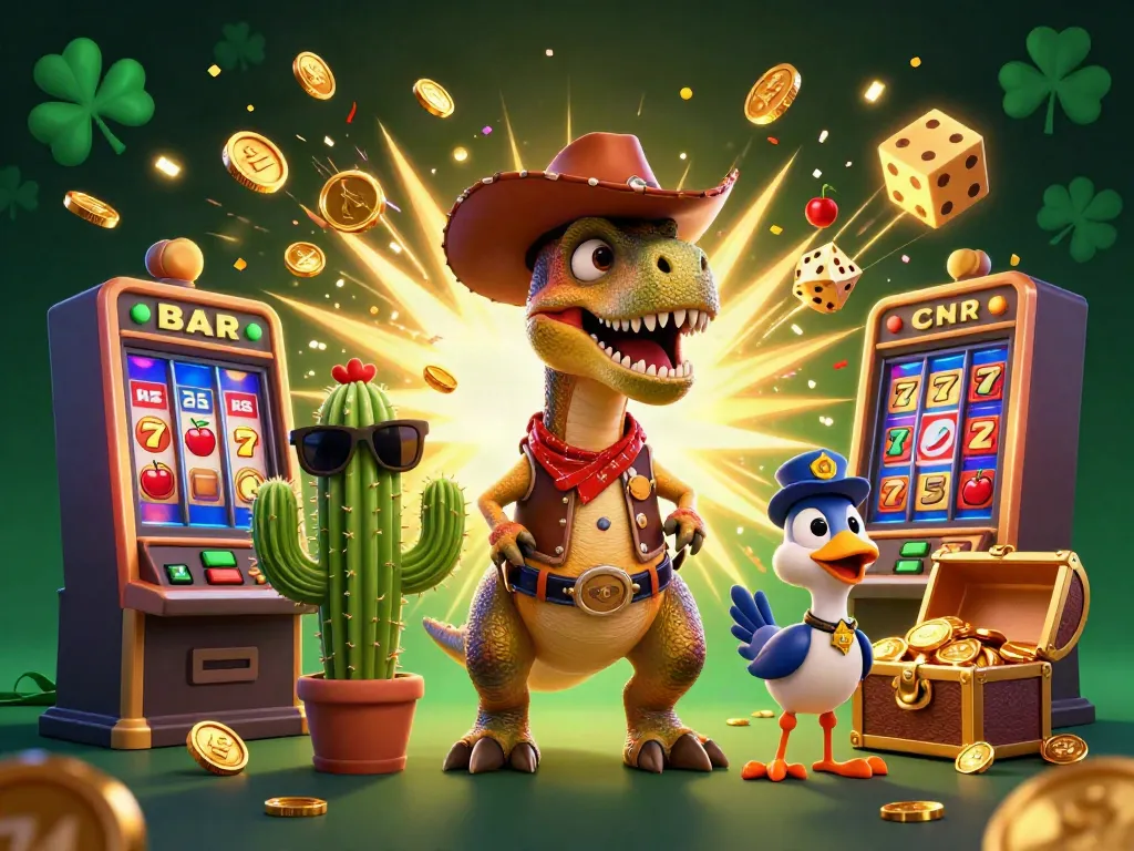 Ilustrasi 3D menggembirakan daftar slot gacor populer, menampilkan T-Rex cowboy dengan mesin slot jackpot dan simbol keberuntungan.