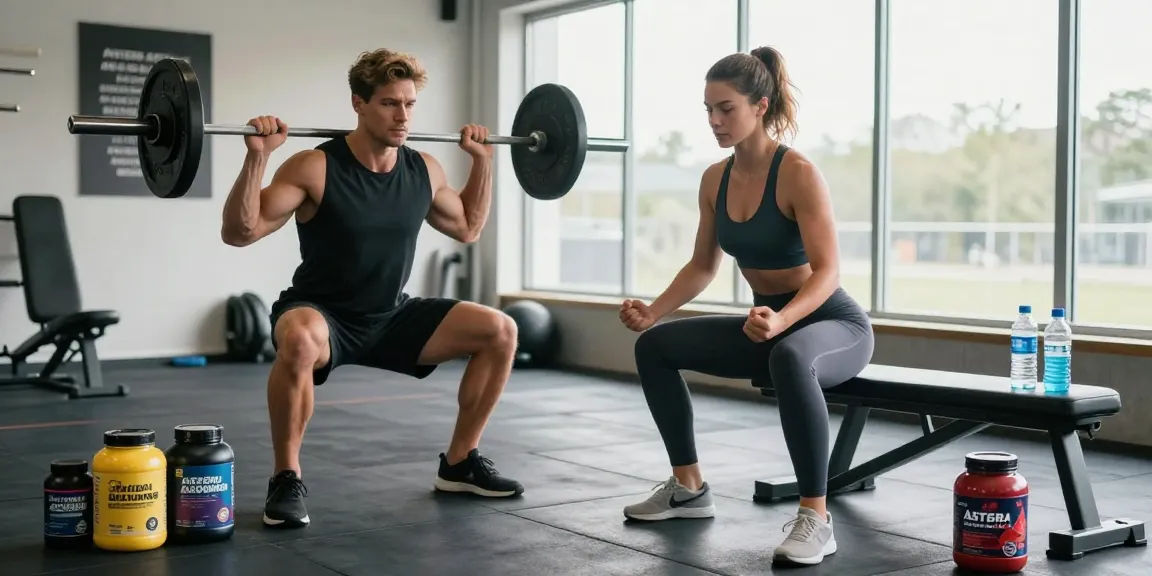 Astera Shop fitness scene with athletes using supplements in a bright gym