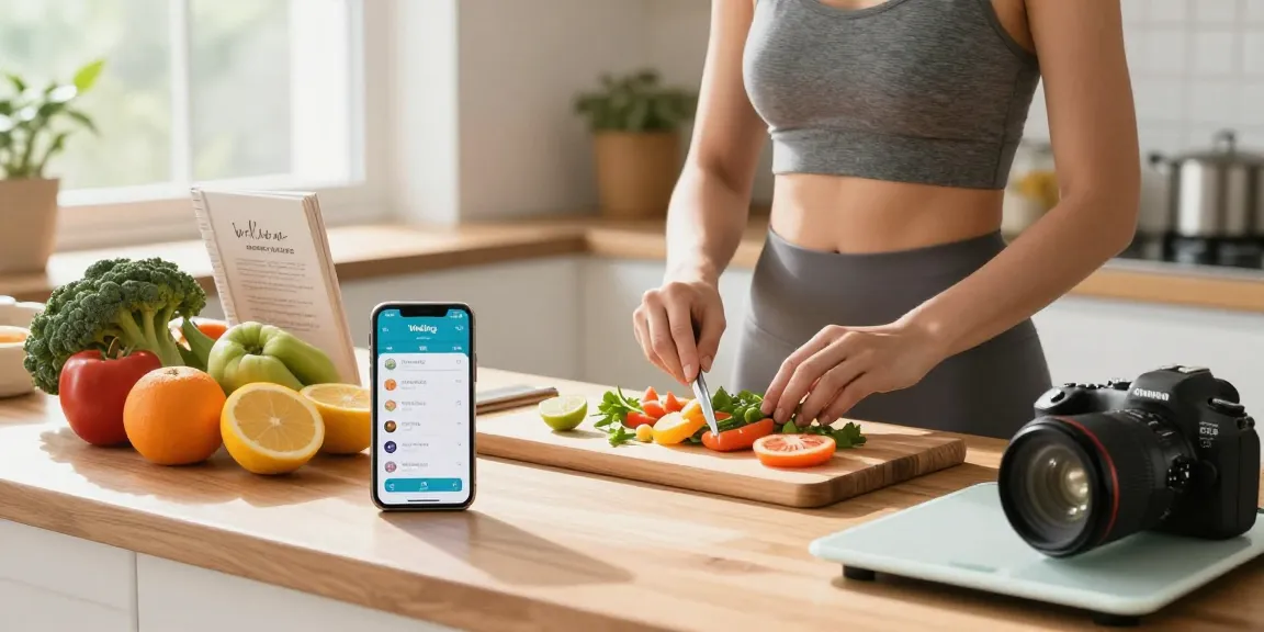 Dynamic kitchen scene showcasing the best calorie tracking apps, featuring a user engaging with healthy meal prep using Welling app.
