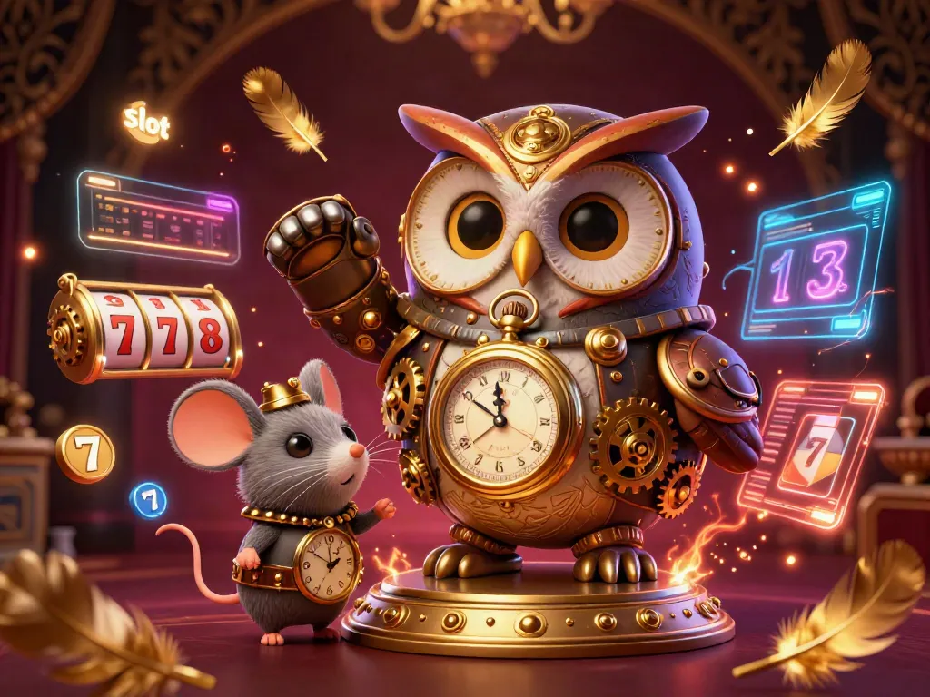 Engage in thrilling slot adventures with a steampunk owl and vibrant casino elements.