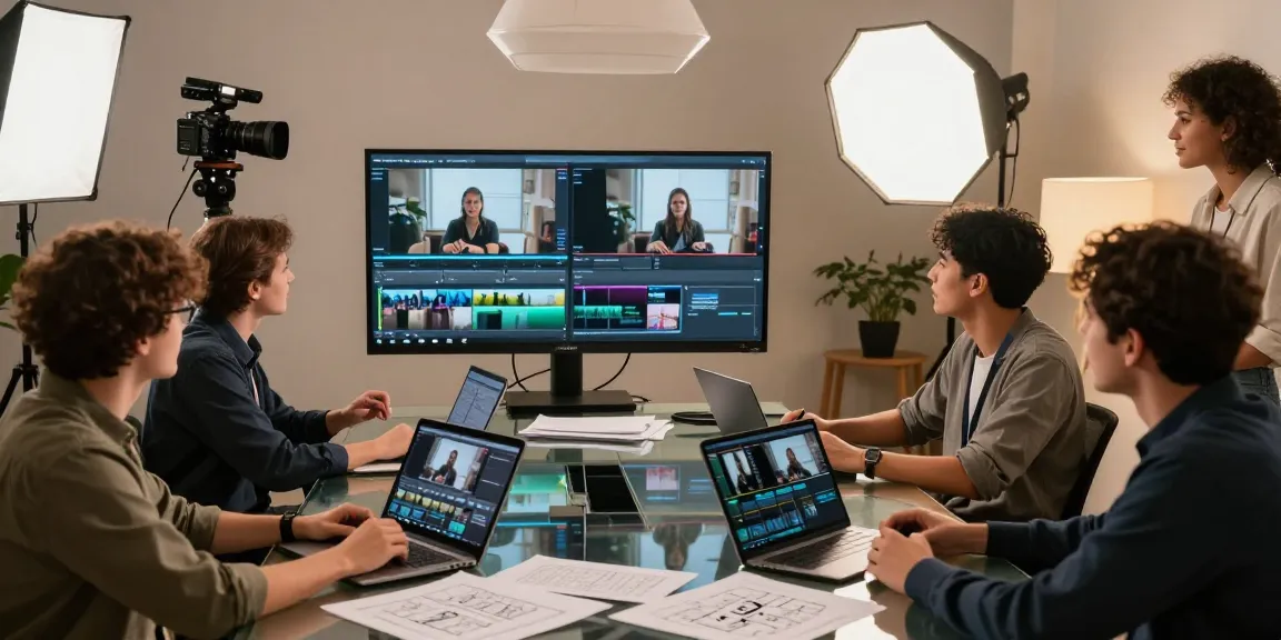 Team collaborating in a modern studio to transform video to prompt, analyzing video clips, and discussing creative ideas.