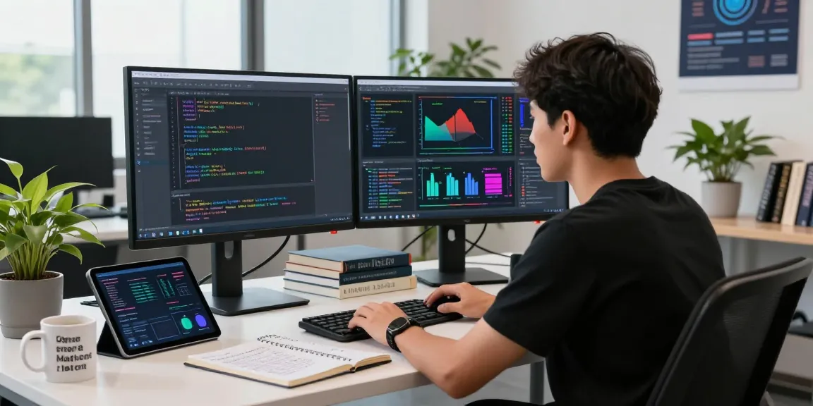 Data scientist working with machine learning tools in a modern office, showcasing algorithms and data visualizations on dual monitors.