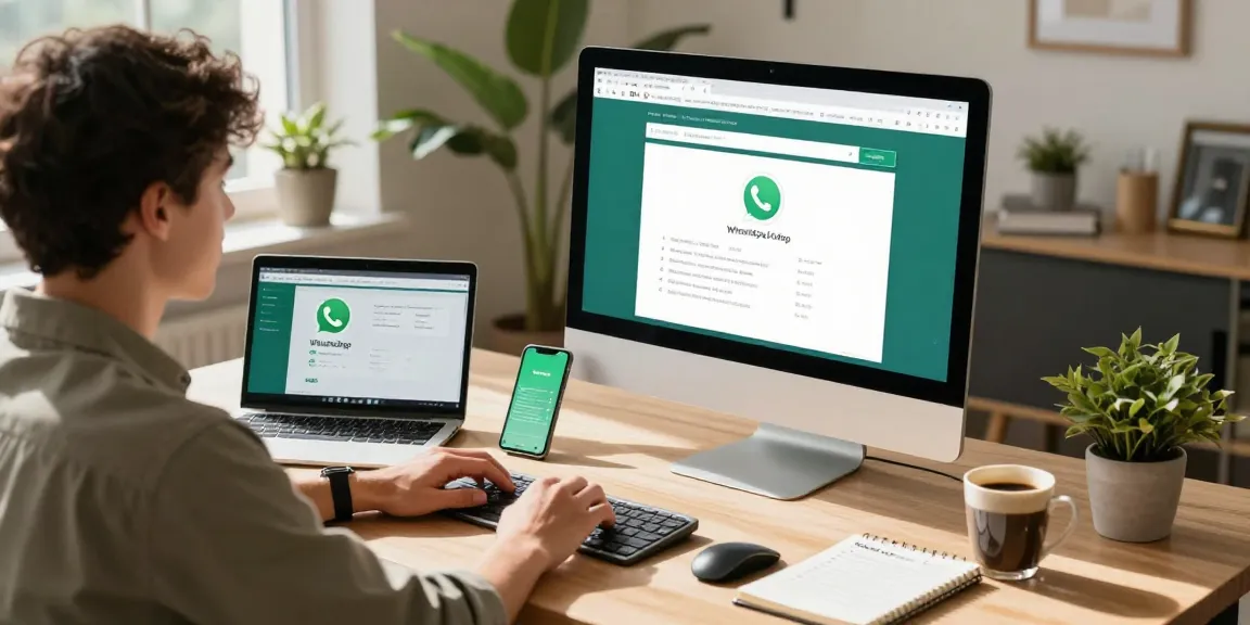 Person using WhatsApp網頁版 on desktop in a modern home office.