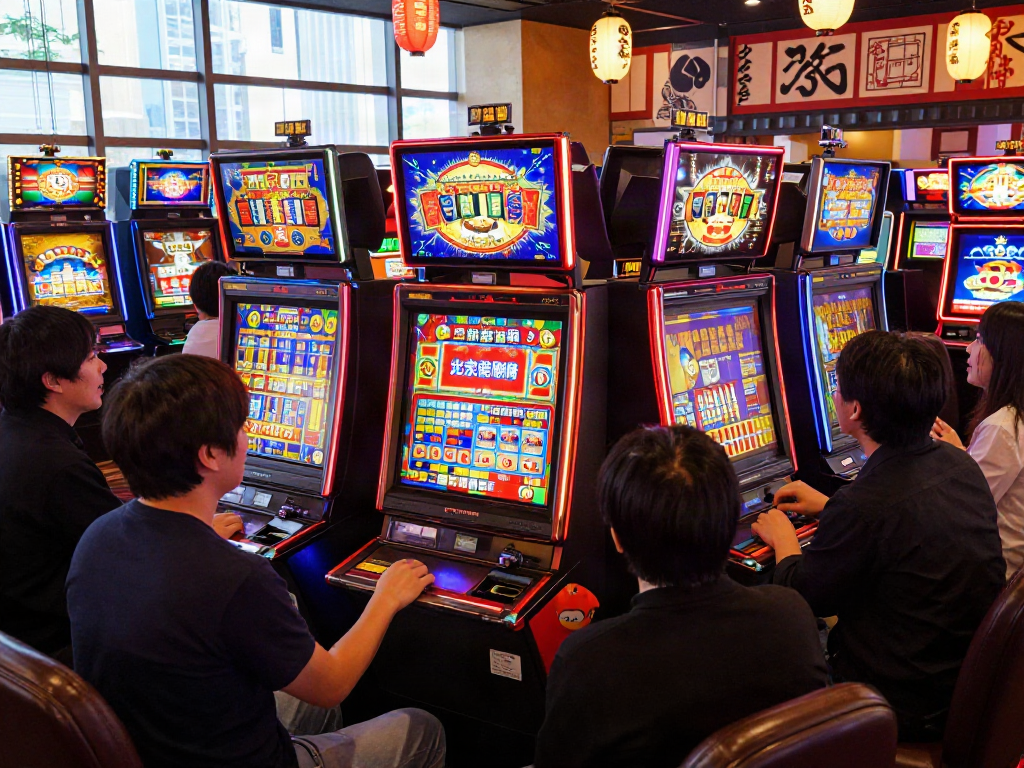 Players experiencing thrilling slot jepang games in a vibrant casino setting with colorful machines and lively decor.