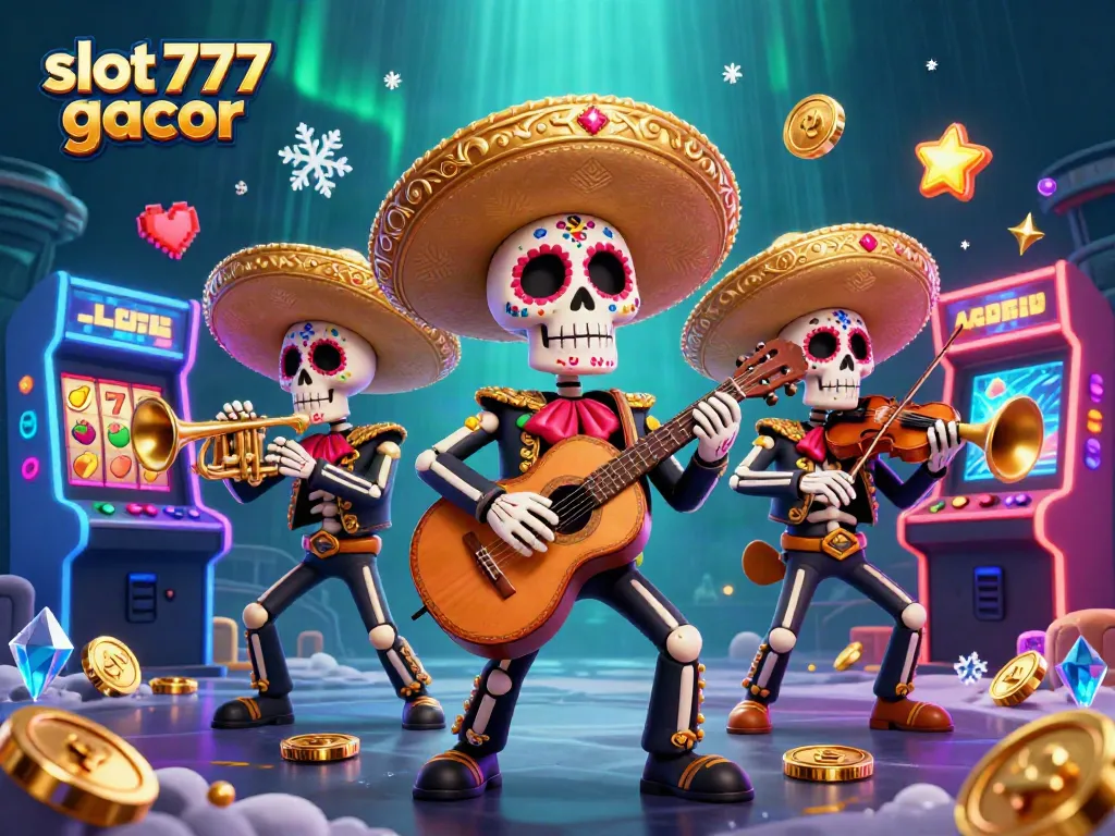 Permainan slot 777 gacor dengan mariachi skeleton yang meriah dan simbol jackpot berkilau