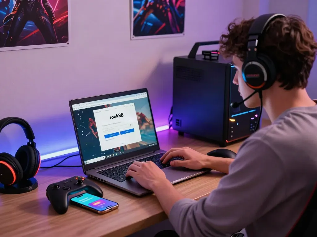 rokok88 login screen immersive setup showcasing gamer excitement and readiness