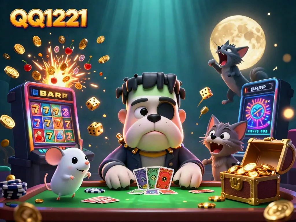 Experience the excitement of QQ1221 casinos with a vibrant 3D scene featuring gaming icons and characters.