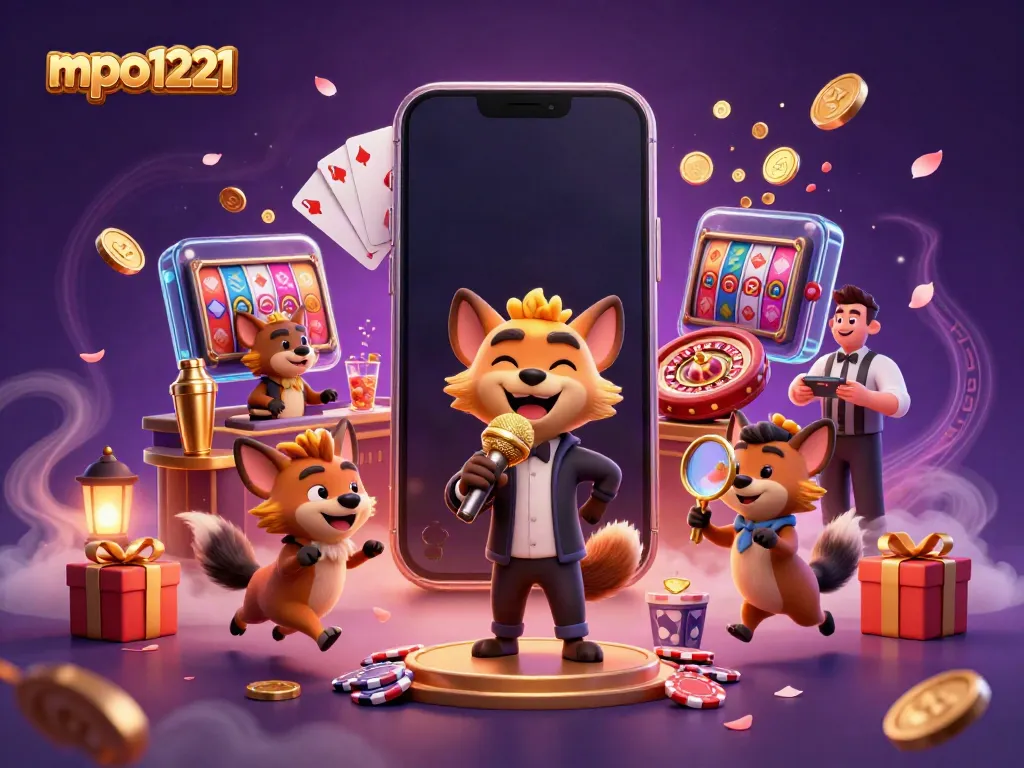 Engage with mpo1221 at a vibrant comedy casino, featuring hyena characters in lively action.