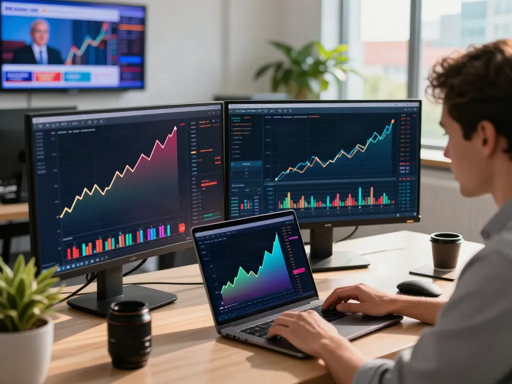 Trader using TradingView platform in a modern workspace with charts and data.