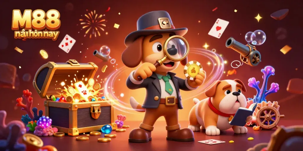 M88 mới nhất hôm nay: Hình ảnh mô phỏng trực tuyến với chú chó thám tử và khung cảnh casino sống động.