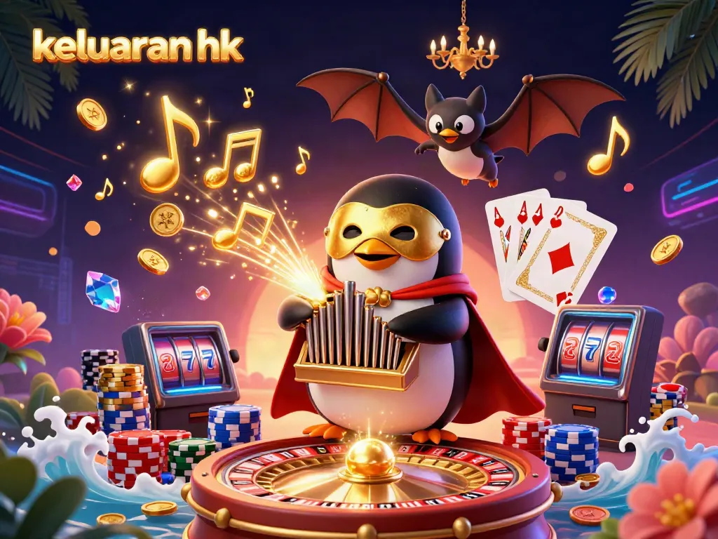 Keluaran hk terbaru dengan penguin opera beraksi dan koin emas berhamburan, menyajikan suasana kasino