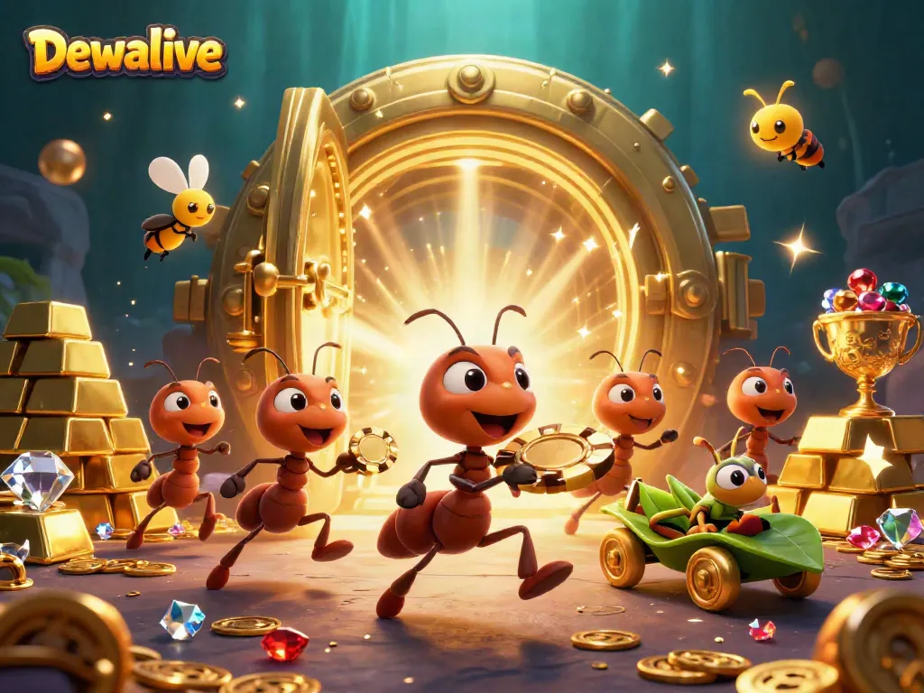 Dewalive features a team of ants completing a heist with a giant poker chip, showcasing exuberant casino elements.