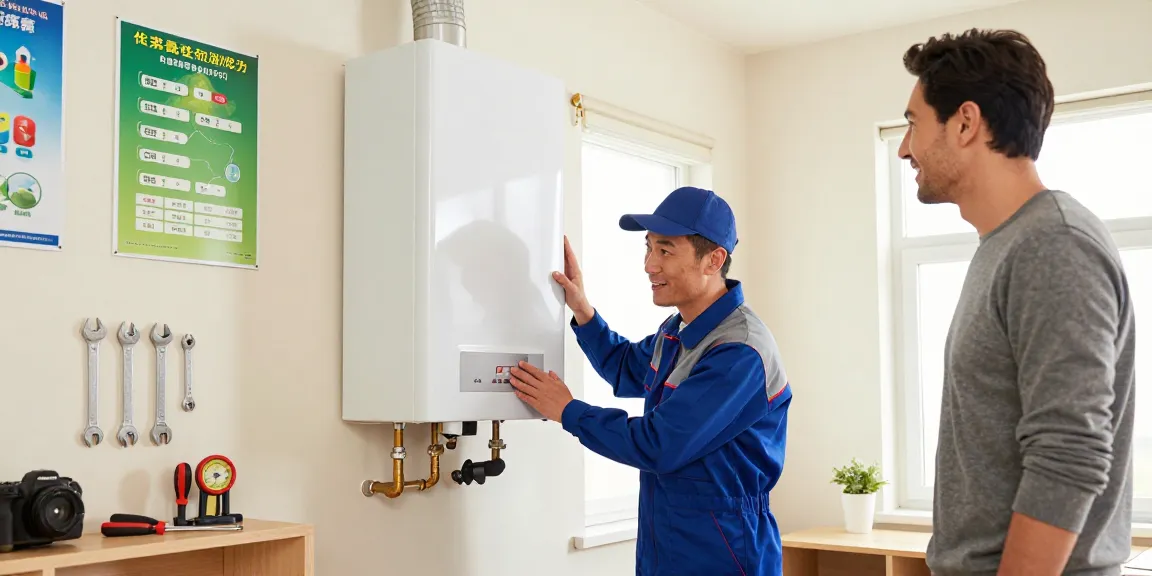 Technician performing boiler installation in Belfast, showcasing professional service in a cozy home environment.
