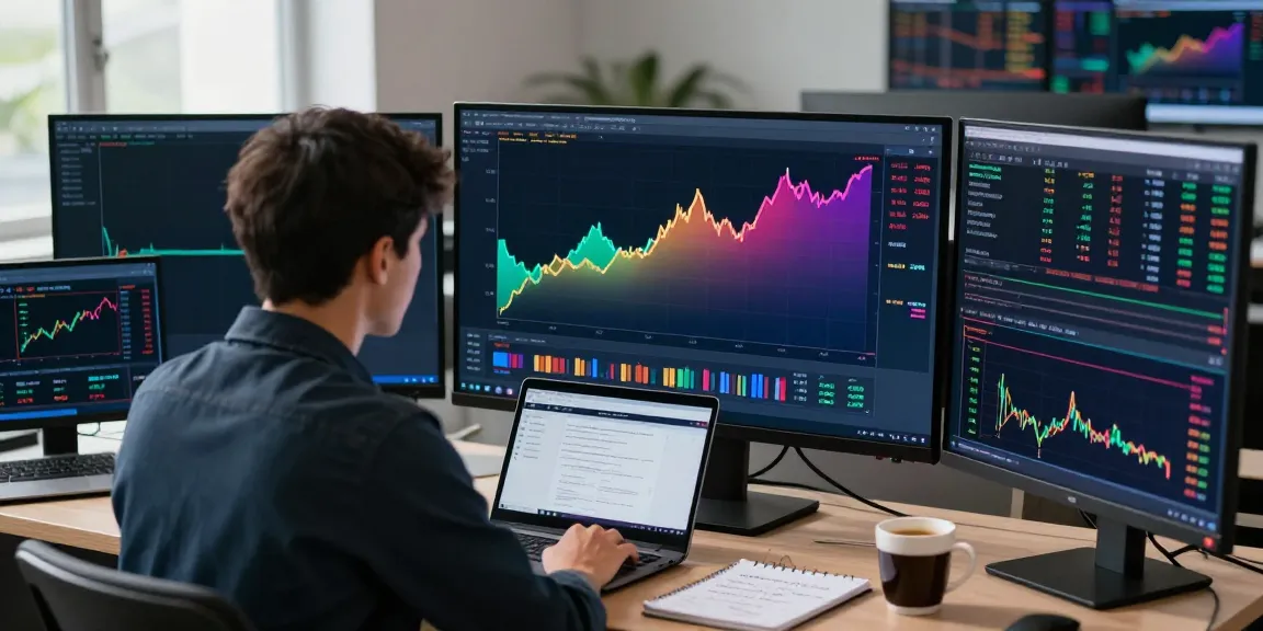 Trader using MetaTrader 5 on multiple screens for real-time market analysis.