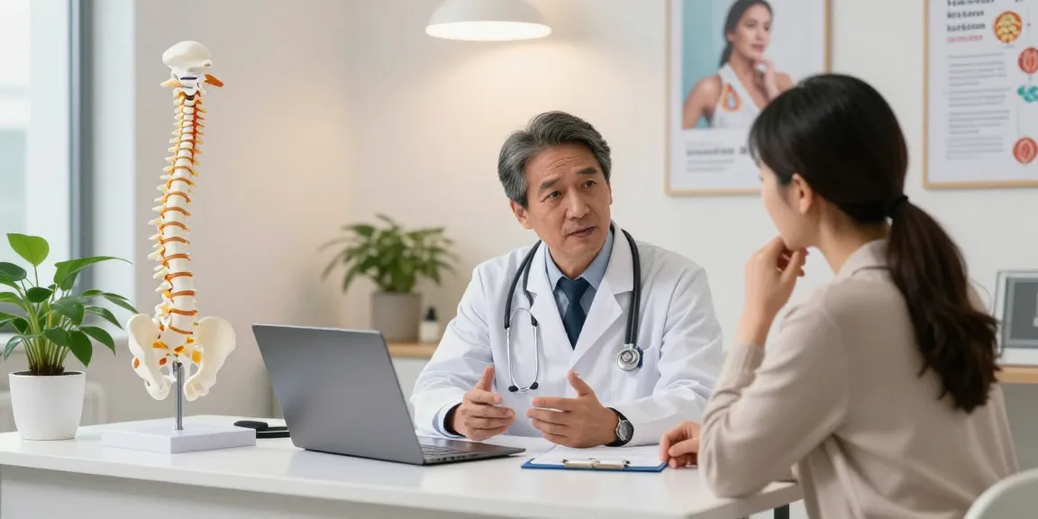 Boyun fıtığı ameliyatı discussion between doctor and patient in a modern clinic.