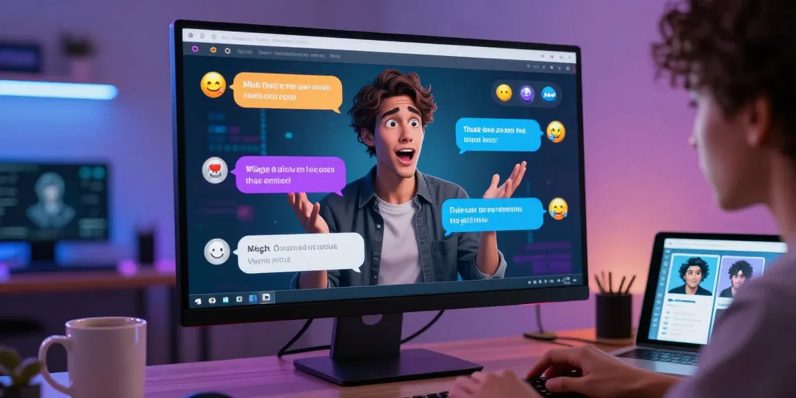 Engaging NSFW AI conversation on a sleek computer interface, showcasing vibrant chat bubbles and an excited user.