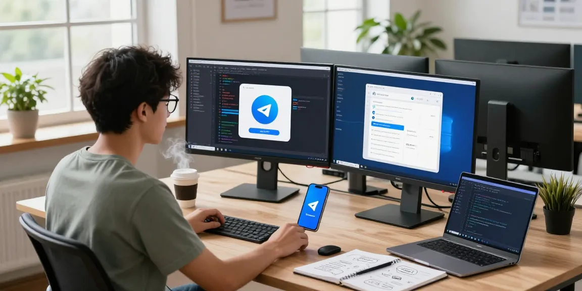 Downloading Telegram China APK free from a modern tech workspace with dual monitors.