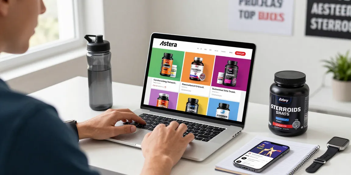 Astera Steroids Shop showcasing vibrant fitness supplements during online shopping experience.