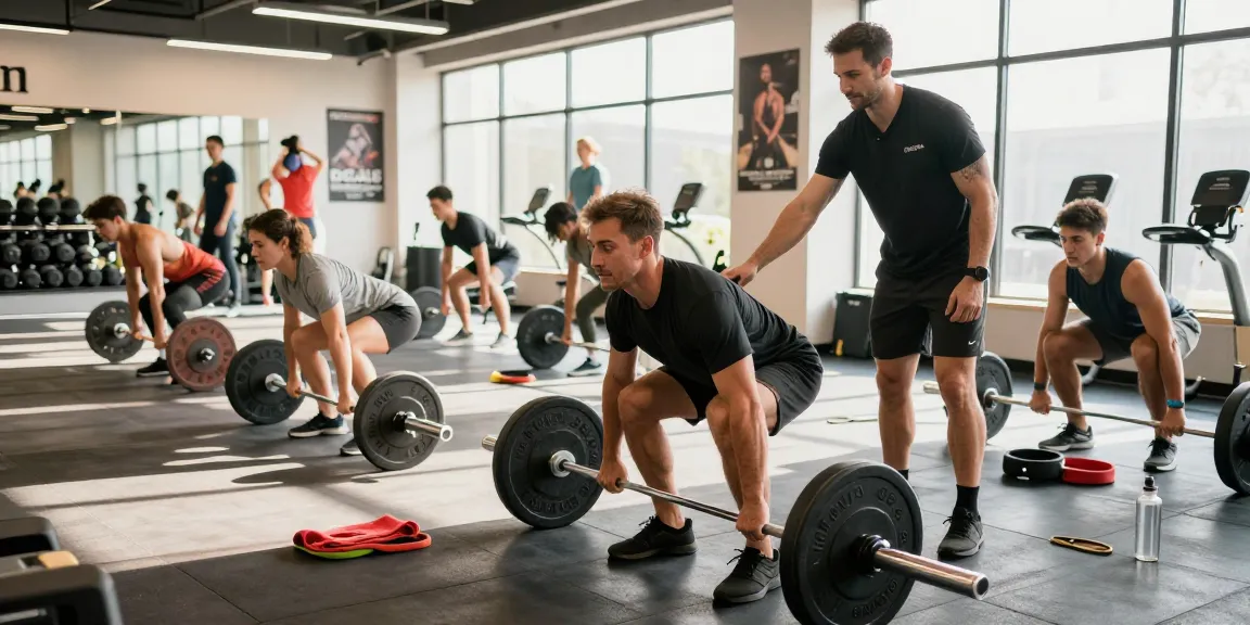 Group fitness training scene highlighting the community at Deus Medical Shop, featuring individuals engaging in strength workouts.