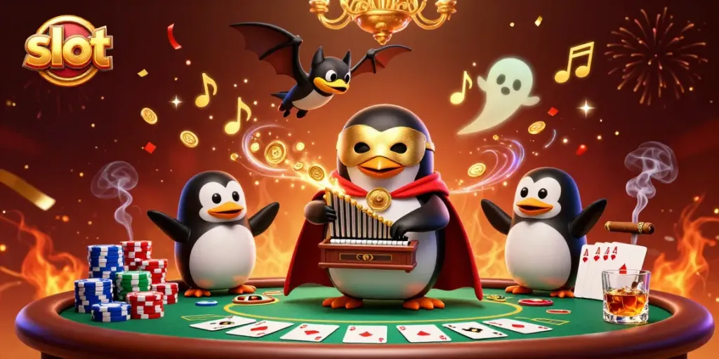Experience the thrill of slot games with a whimsical penguin playing a gold-coin organ.