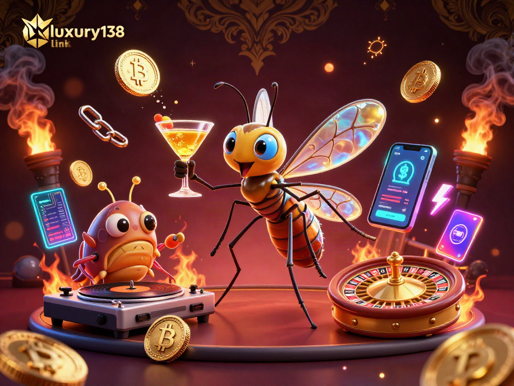 Meja roulette dan karakter menarik dalam gambaran luxury138 link yang meriah.