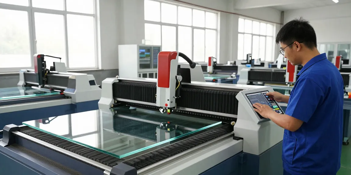 CNC glass cutting machine in a modern glass processing facility operated by a technician with advanced glass tools.