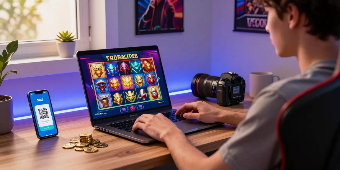 Slot qris payment option showcased in an engaging online gaming scene with a player and colorful slot graphics.