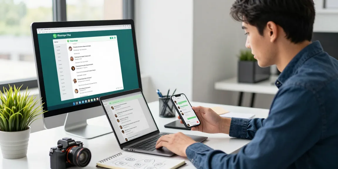 Engaged professional using WhatsApp網頁版 in a modern office space.