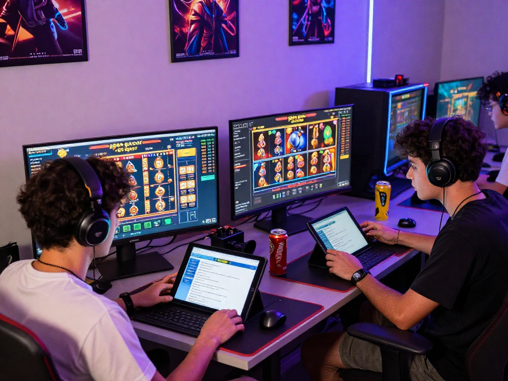 Exciting online gaming environment showcasing gamers focused on 'agen gacor' slot games with vibrant screens and modern décor.