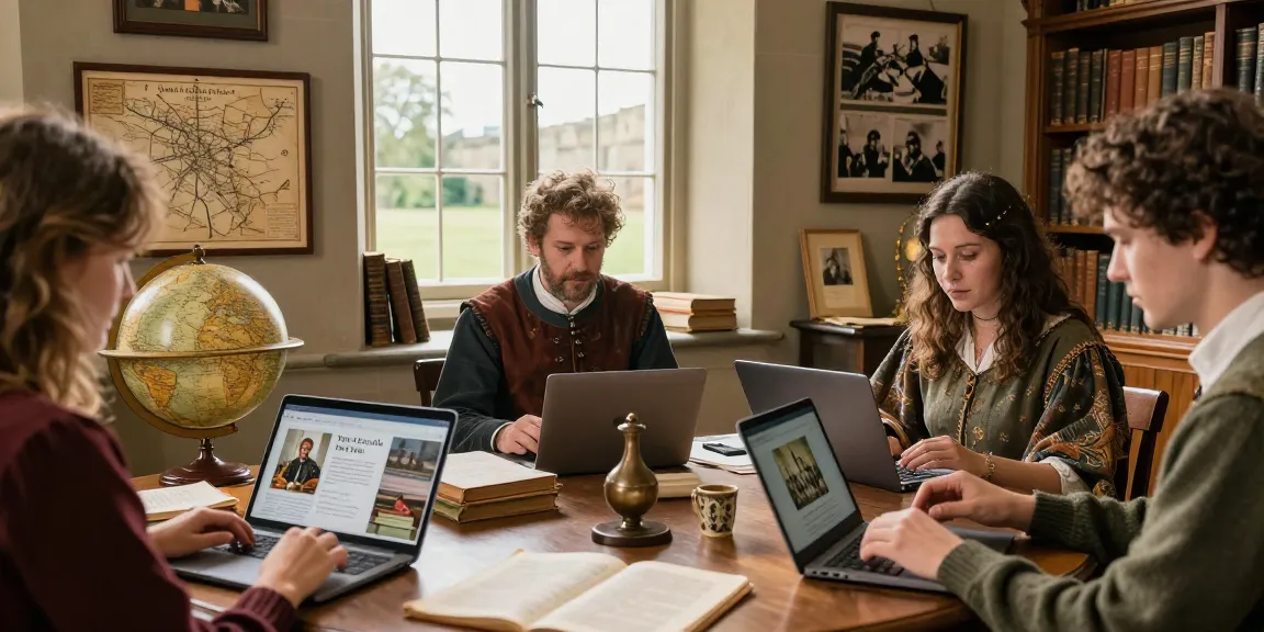 Readers enjoying historical articles from https://tyntescastle.com in a cozy library filled with vintage books and artifacts.