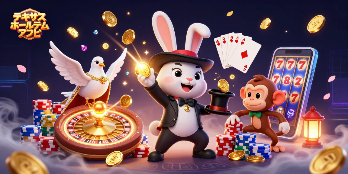 テキサスホールデム アプリのシーンで、ウサギが帽子からゴールドコインを引き出し、猿がポーカーチップを盗む様子を描いた魅力的なイラスト