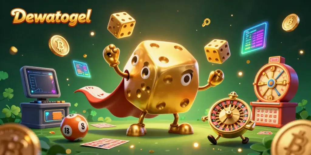 Dewatogel illustrates a lively lottery scene with golden dice golem and vibrant game elements.
