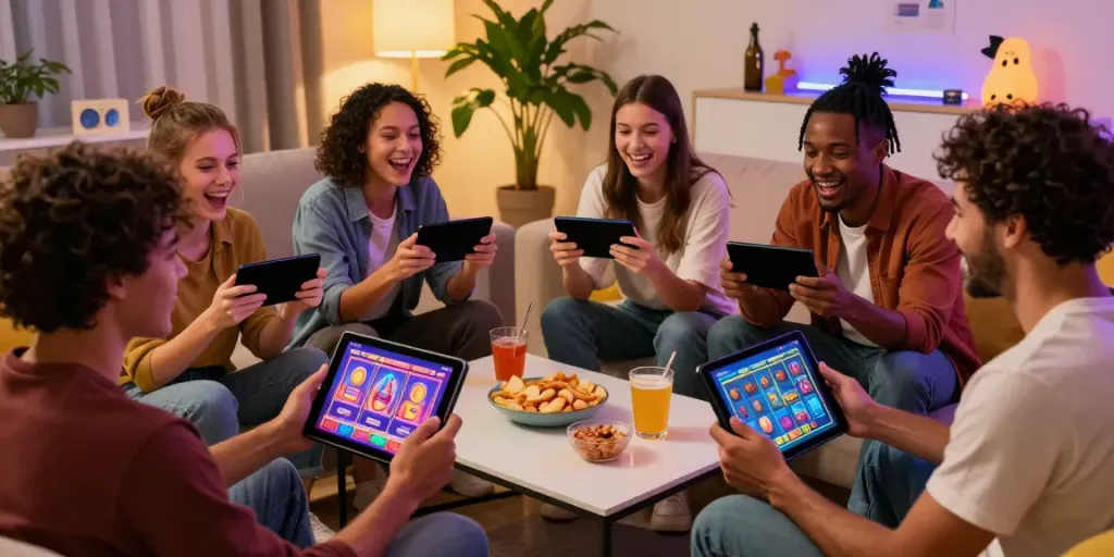 Teman-teman merayakan kemenangan di situs slot dengan perangkat modern dan suasana hangat.