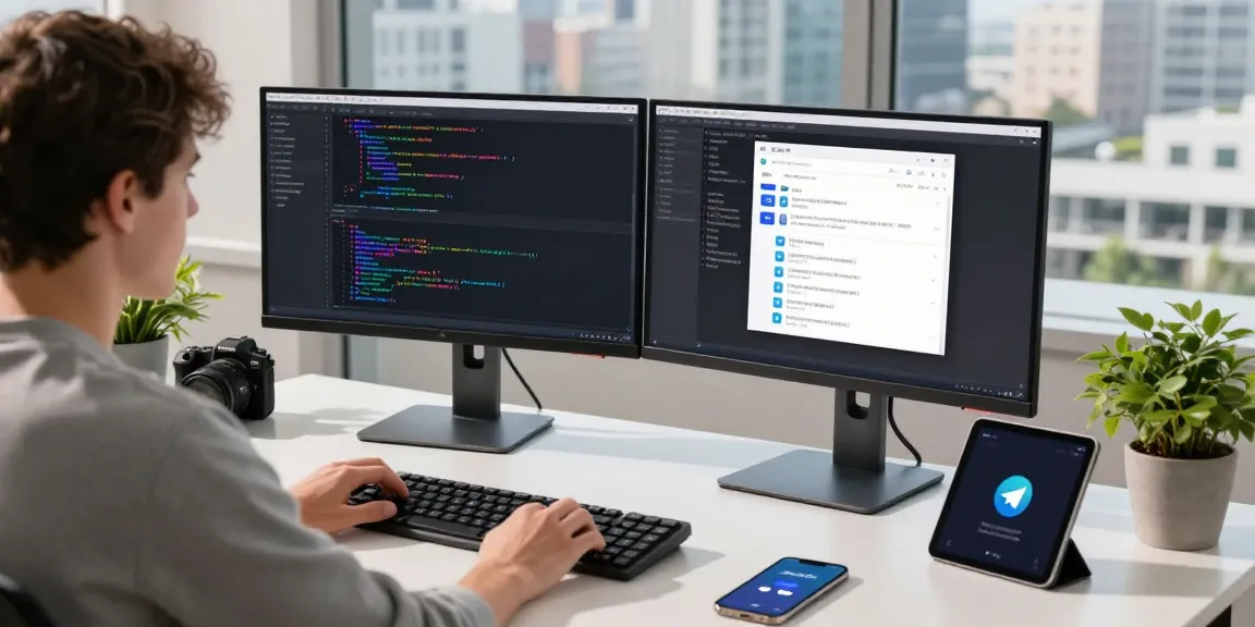 Dynamic workspace showcasing a developer using the 纸飞机中文版 app on dual monitors amidst tech décor, emphasizing modern communication.
