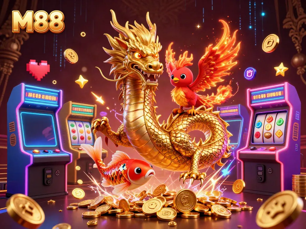 Engage in thrilling gameplay with the M88 casino scene featuring a golden dragon and vibrant slot machines.