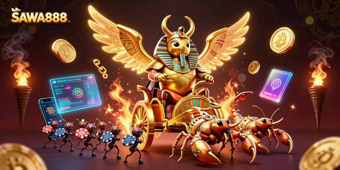Experience thrilling gameplay with SAWA888's vibrant 3D illustration of an ancient pharaoh's gambling adventure.