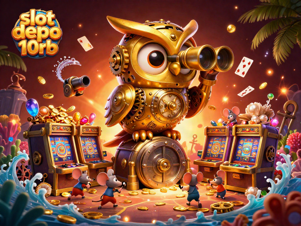 Experience the thrilling slot depo 10rb scene with owl, mice patrons, and vibrant casino elements.