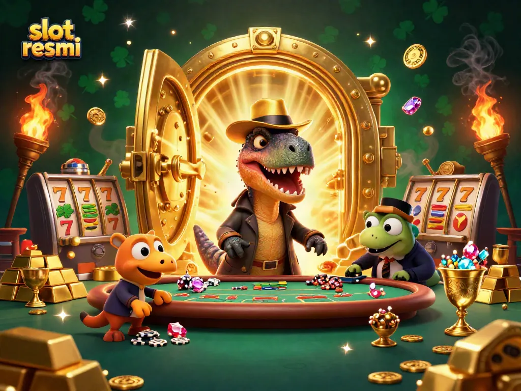 Experience slot resmi action with a velociraptor card counter, a stegosaurus pit boss, and a compy pickpocket at a vibrant casino scene.