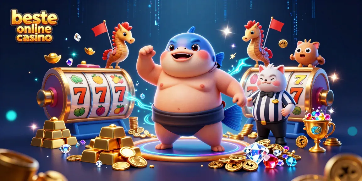 Experience the excitement of beste online casino with a vibrant blowfish and slot reels illustration.