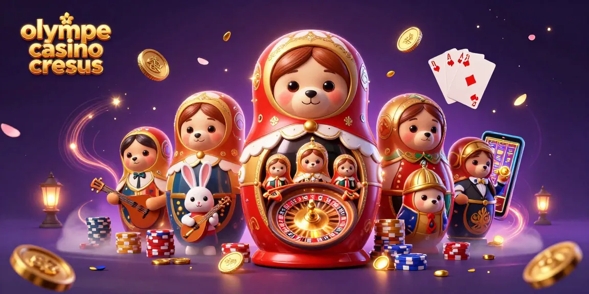 Gagnez gros au casino olympe cresus avec une illustration 3D vibrante d'éléments de casino animés et de personnages.
