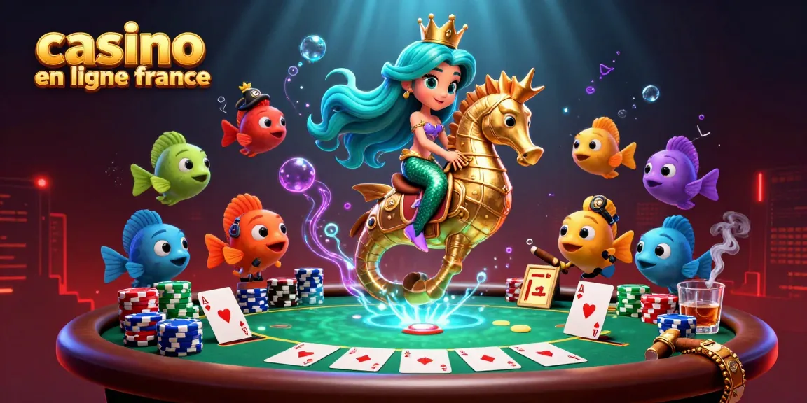Vivez l'excitation du casino en ligne France avec une scène sous-marine vibrante mettant en vedette des éléments de poker et des personnages fantastiques.